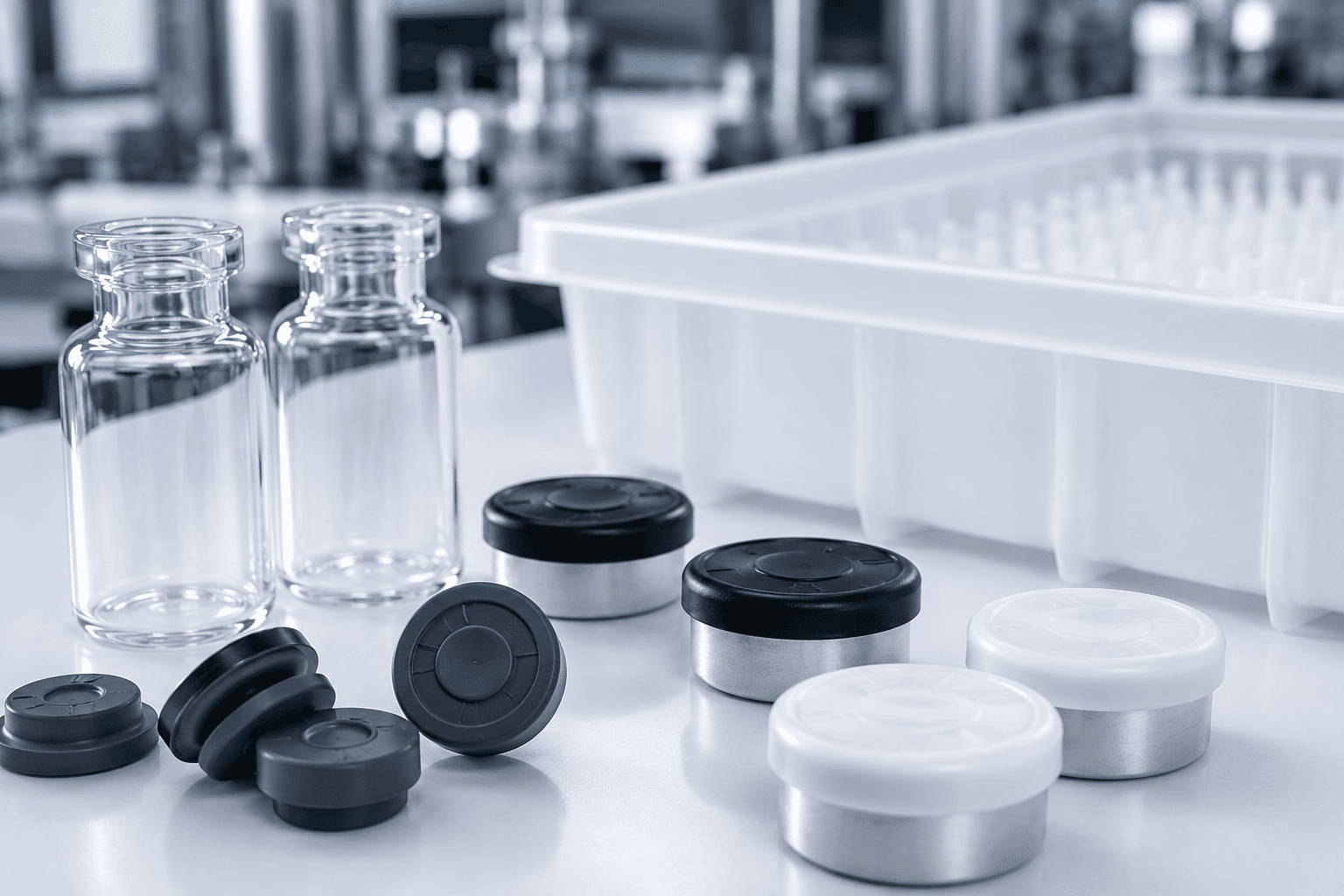 Vials, stoppers and flip caps arranged for CDMO packaging programs