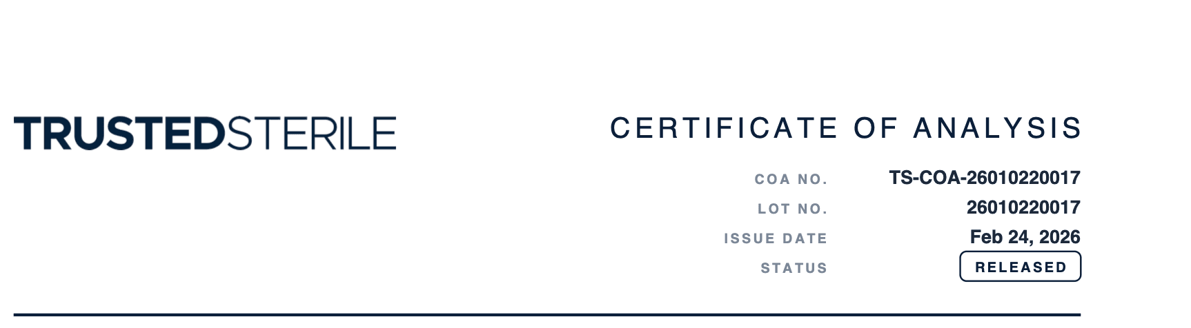 Trusted Sterile Certificate of Analysis header