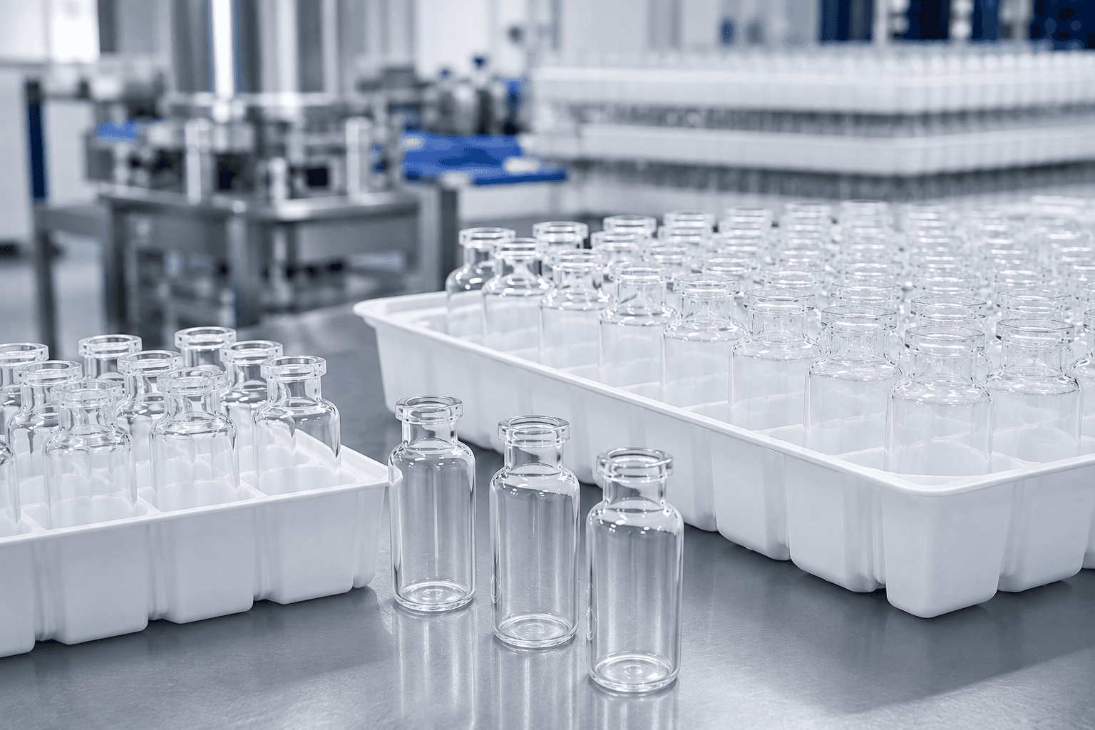 Clear pharmaceutical vials and trays for clinical and research workflows