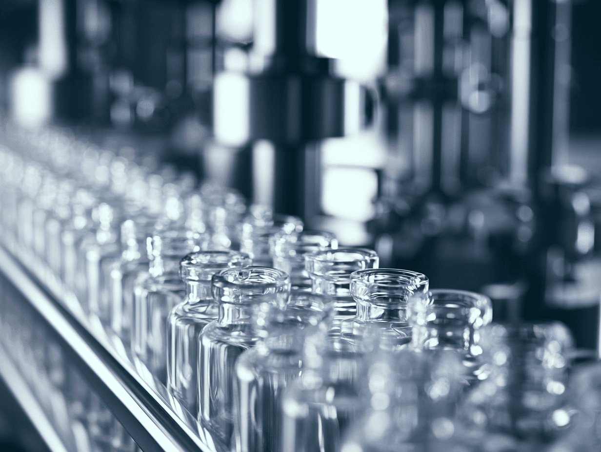 Clear pharmaceutical vials moving through manufacturing equipment