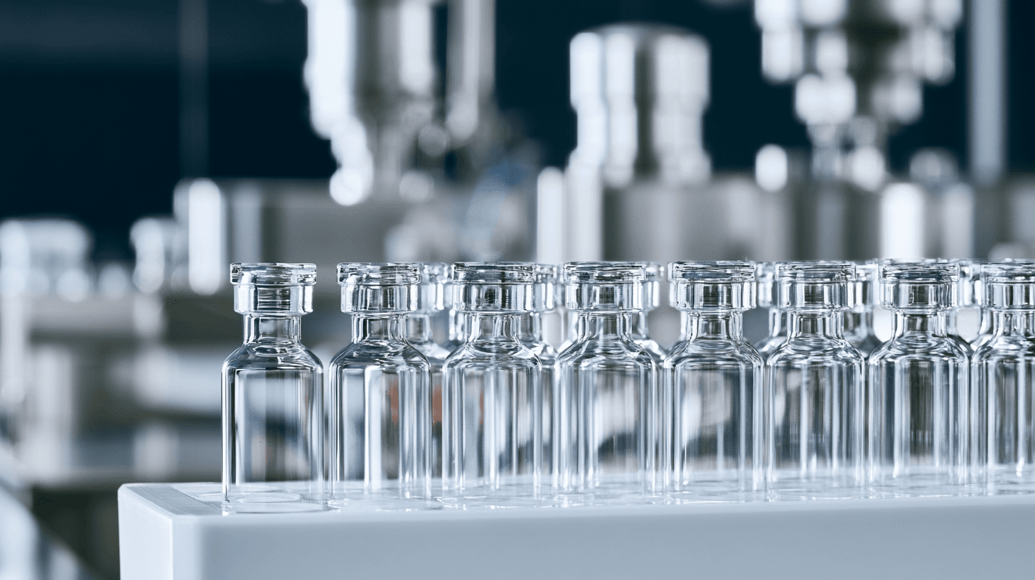 Rows of clear pharmaceutical vials in a production environment
